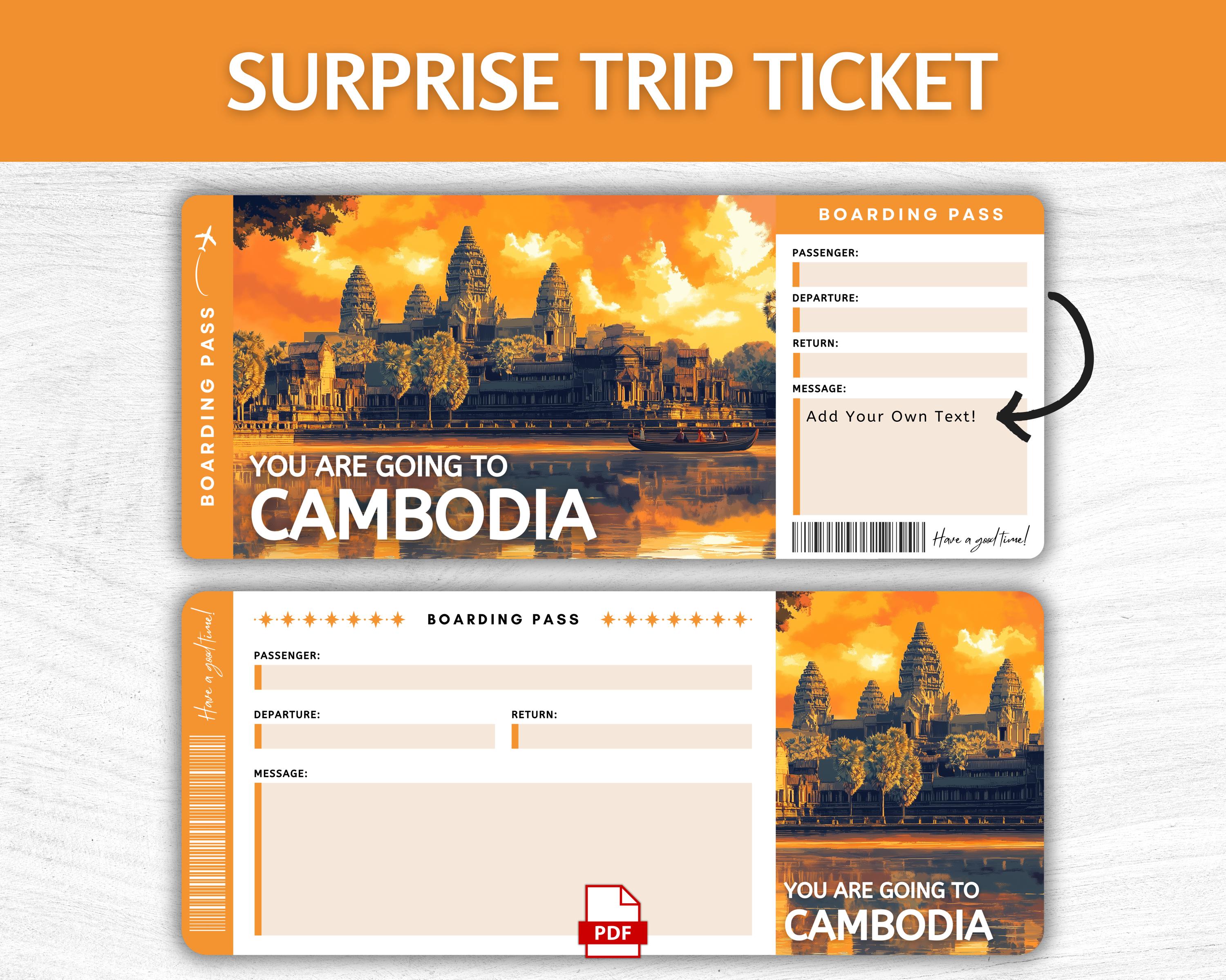 Printable Cambodia Surprise Gift Ticket, Editable Phnom Penh