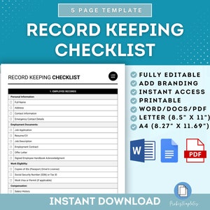 Könnte beinhalten: Eine Checklistenvorlage für die Aufzeichnungspflicht, mit dem Titel "Record Keeping Checklist". Die Checkliste ist in Abschnitte für persönliche Daten, Beschäftigungsdokumente, Arbeitseignung und Vergütung unterteilt. Die Vorlage ist vollständig editierbar, druckbar und in den Formaten Word, PDF, Letter (8,5" x 11") und A4 (8,27" x 11,69") verfügbar.