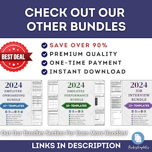 May include: A digital marketing image promoting three different bundles of employee onboarding, performance, and job interview templates. The image features a red circle with the text "BEST DEAL" and a checklist with the text "SAVE OVER 90%", "PREMIUM QUALITY", "ONE-TIME PAYMENT", and "INSTANT DOWNLOAD". Each bundle is represented by a separate image with a purple and white color scheme and the year "2024" in bold text. The text "CHECK OUT OUR OTHER BUNDLES" is displayed in large, bold letters at the top of the image.