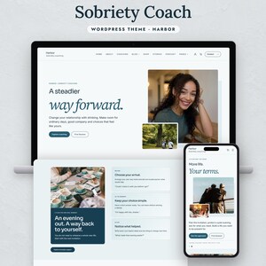 May include: A digital display of the Sobriety Coach WordPress theme by Harbor, shown on a laptop and smartphone screen. The interface features white backgrounds, dark blue text, and photography of people and nature, with navigation menus and buttons.