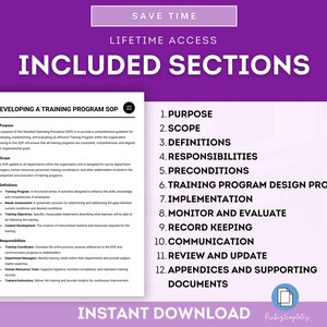 May include: A purple and white document with the title "Developing a Training Program SOP" and a list of 12 sections, including "Purpose", "Scope", "Definitions", "Responsibilities", "Preconditions", "Training Program Design Process", "Implementation", "Monitor and Evaluate", "Record Keeping", "Communication", "Review and Update", and "Appendices and Supporting Documents".