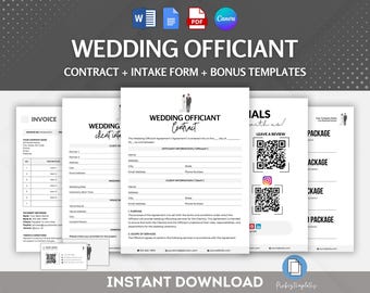 May include: A collection of wedding officiant templates, including a contract, intake form, and bonus templates. The documents are in black and white, with the words "WEDDING OFFICIANT" prominently displayed. The image also includes a business card and QR codes.