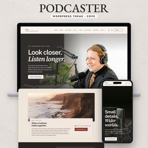 May include: A digital display of the Podcaster WordPress theme named Cove, featuring a desktop monitor showing a podcast website with a person wearing headphones and a microphone, alongside a smartphone displaying the same site interface.