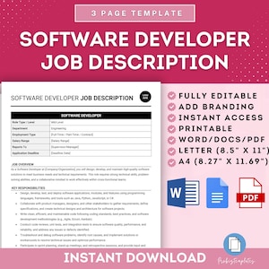Op de afbeelding: Een roze en witte sjabloon voor een software developer functieomschrijving. De sjabloon is volledig bewerkbaar, printbaar en beschikbaar in Word, PDF, Letter en A4 formaten. De tekst op de sjabloon luidt "Software Developer Functieomschrijving", "Volledig bewerkbaar", "Branding toevoegen", "Direct toegang", "Printbaar", "Word/Docs/PDF", "Letter (8,5" x 11")", "A4 (8,27" x 11,69")" en "Direct downloaden".