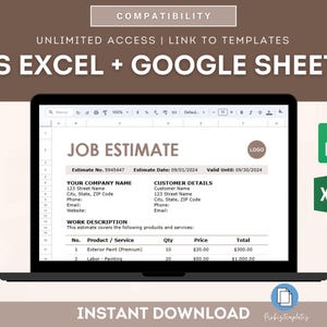 Puede incluir: Una pantalla de computadora port&aacute;til que muestra una plantilla de presupuesto de trabajo en formato de hoja de c&aacute;lculo. La plantilla es compatible con Microsoft Excel y Google Sheets. La plantilla incluye secciones para los detalles del cliente, la descripci&oacute;n del trabajo, el producto/servicio, la cantidad, el precio y el total. La plantilla est&aacute; disponible para descarga instant&aacute;nea.