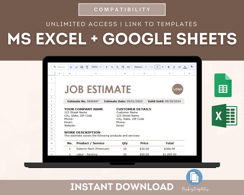 Puede incluir: Una pantalla de computadora port&aacute;til que muestra una plantilla de presupuesto de trabajo en formato de hoja de c&aacute;lculo. La plantilla es compatible con Microsoft Excel y Google Sheets. La plantilla incluye secciones para los detalles del cliente, la descripci&oacute;n del trabajo, el producto/servicio, la cantidad, el precio y el total. La plantilla est&aacute; disponible para descarga instant&aacute;nea.