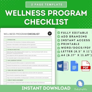Employee Wellness Program Checklist Template, Workforce Health and Wellness Checklist, Employee Wellness Assessment, Staff Wellbeing Audit