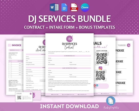 DJ Services Contract Bundle, DJ Agreement Forms, Music Performance Contract, Wedding & Event DJ Contract, Disc Jockey Services Intake Forms