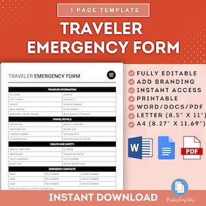 Formulário de Emergência do Viajante, Folha de Informações de Emergência de Viagem, Cartão de Contato de Emergência em Viagem, Detalhes de Emergência em Viagem, Formulário de Segurança do Viajante