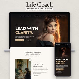 May include: A digital display of a Life Coach WordPress theme named Marlow, featuring a desktop monitor and a smartphone showing website layouts with dark and light backgrounds, portraits, and text including Lead With Clarity and Make Room For Your One Life.
