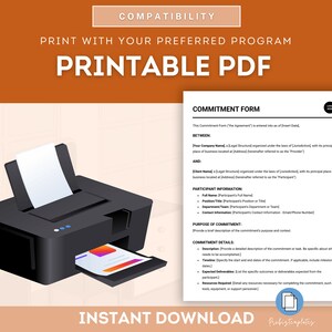 May include: Printable PDF commitment form template with a black and white printer icon. The form includes sections for the provider, participant, purpose of commitment, and commitment details.