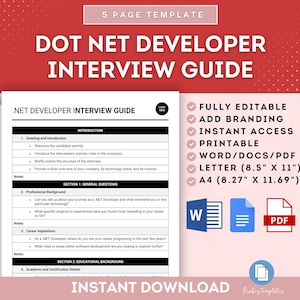 Pode incluir: Um modelo de guia de entrevista para desenvolvedores .NET imprimível em um documento branco com fundo rosa. O documento inclui seções para saudação e introdução, experiência profissional, aspirações de carreira e detalhes acadêmicos e de certificação. O documento é totalmente editável, imprimível e está disponível nos formatos Word, PDF, Letter e A4.