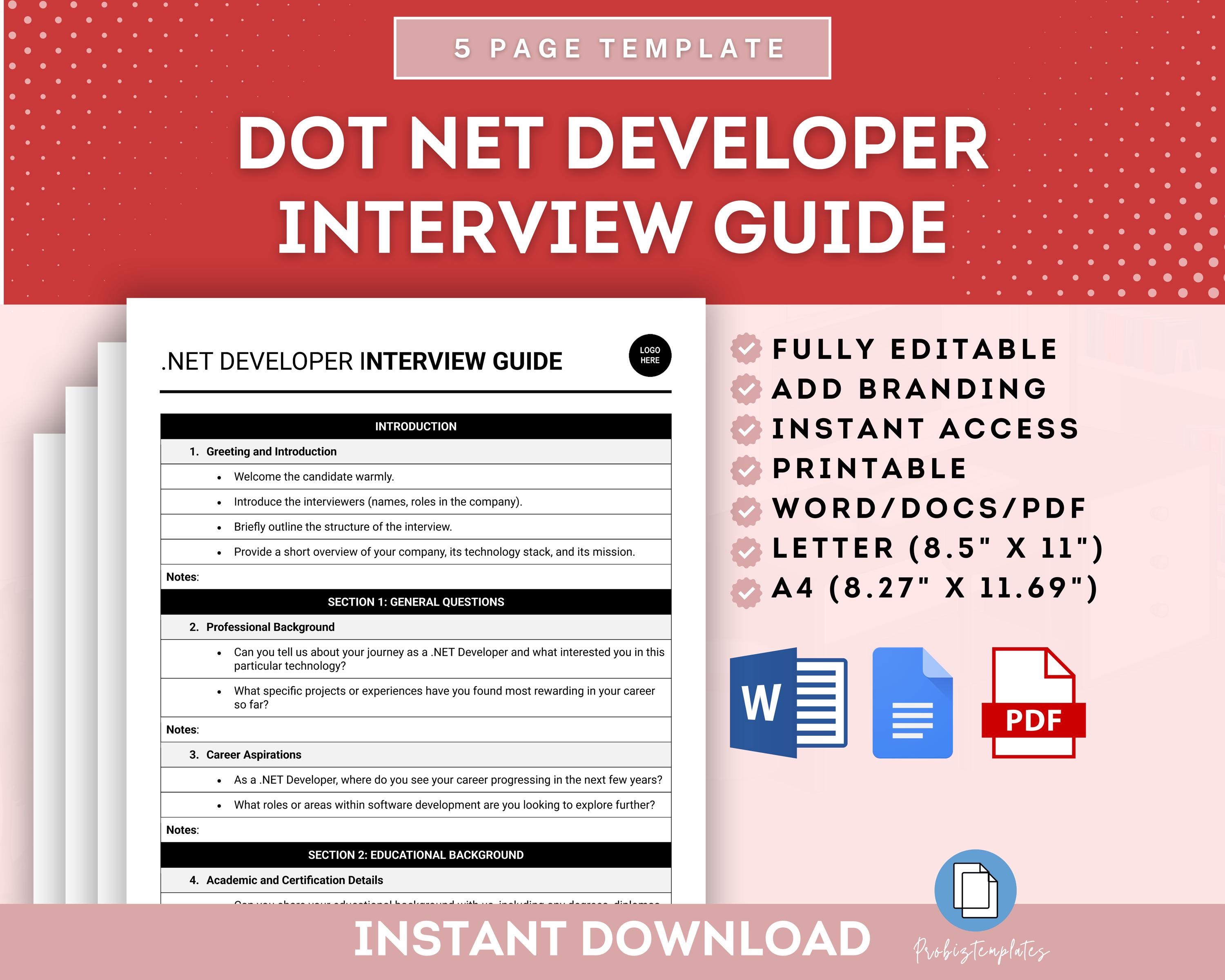 Plantilla de guía de entrevista para desarrolladores de Dot NET, preguntas de entrevista para desarrolladores de .NET, guía de contratación de desarrolladores, plantilla de preparación de entrevistas