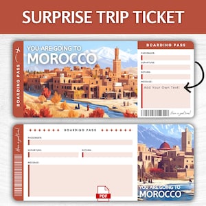 Billet cadeau surprise à imprimer au Maroc, carte d'embarquement modifiable à Marrakech, pass escapade au Maroc à imprimer, billet cadeau de voyage au Maroc à imprimer