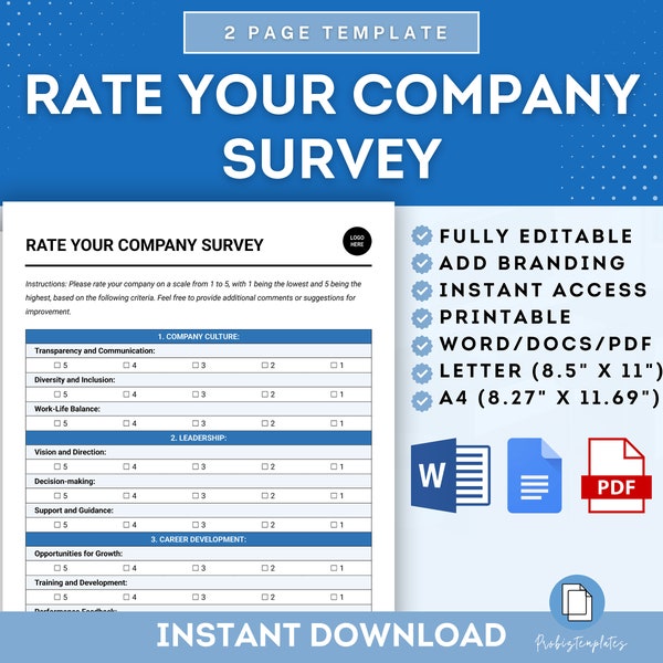 Rate Your Company Survey Template, Company Evaluation Survey, Workplace Satisfaction Survey, Employee Feedback Survey, Company Assessment