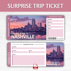 Billet cadeau surprise Nashville imprimable, carte d'embarquement modifiable Nashville TN, carte d'embarquement imprimable vacances Tennessee, voyage à Nashville