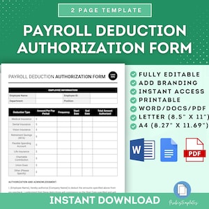 Payroll Deduction Authorization Form, Employee Payroll Deduction Form, Payroll Deduction Consent Form, Salary Deduction Authorization Form