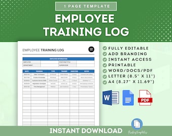 Simple Employee Training Log Template, Staff Development Tracker, Employee Training Progress Journal, HR Employee Training Record Template