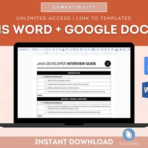 May include: A laptop screen displaying a Java Developer Interview Guide template in Google Docs. The template includes sections for greeting and introduction, professional background, and general questions. The document is also available in Microsoft Word format.