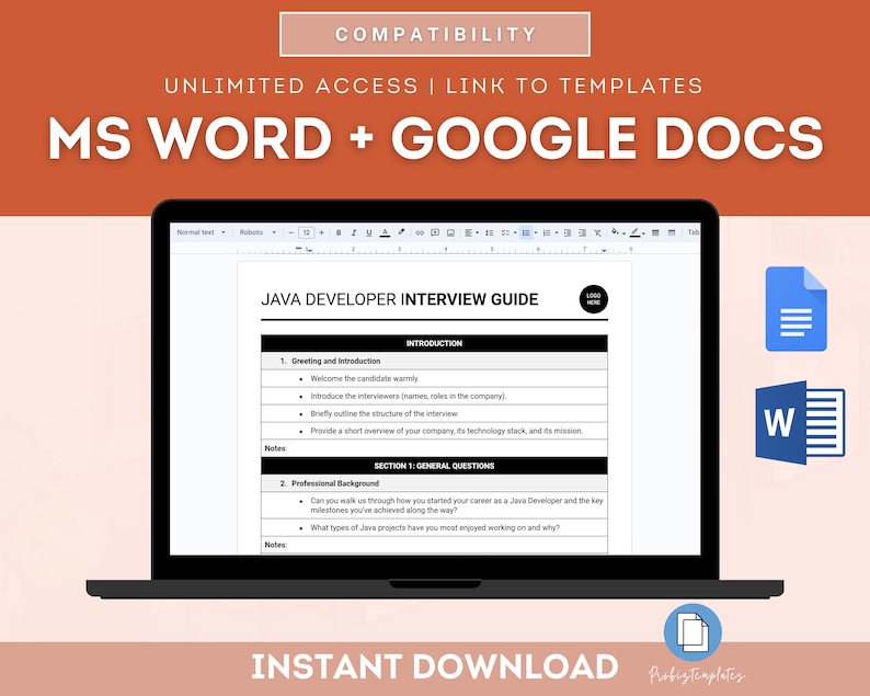 May include: A laptop screen displaying a Java Developer Interview Guide template in Google Docs. The template includes sections for greeting and introduction, professional background, and general questions. The document is also available in Microsoft Word format.