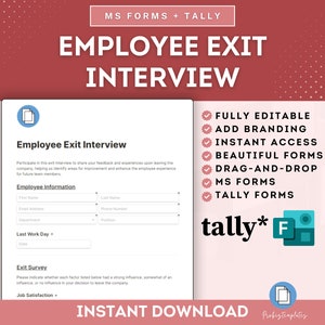 Puede incluir: Una descarga digital en rosa y blanco para una plantilla de formulario de entrevista de salida de empleados. La plantilla es totalmente editable, incluye marca y tiene acceso instantáneo. El texto "Employee Exit Interview" está en la parte superior del formulario. El formulario incluye secciones para la información del empleado, el último día de trabajo y una encuesta de salida.