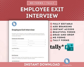 May include: A pink and white digital download for an employee exit interview form template. The template is fully editable, includes branding, and has instant access. The text "Employee Exit Interview" is at the top of the form. The form includes sections for employee information, last work day, and an exit survey.