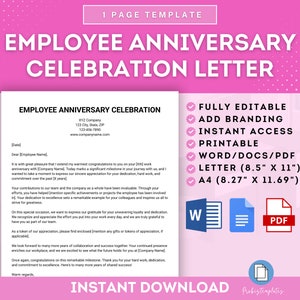 Plantilla de carta de celebración del aniversario del empleado, carta de reconocimiento de hitos del empleado, conmemoración del aniversario del trabajo, lealtad de los empleados