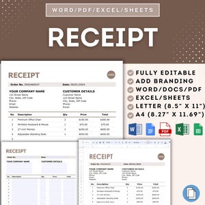 Receipt Template, Customizable Payment Receipt Form, Professional Receipt Template For Transactions, Sales & Customer Proof Of Payment