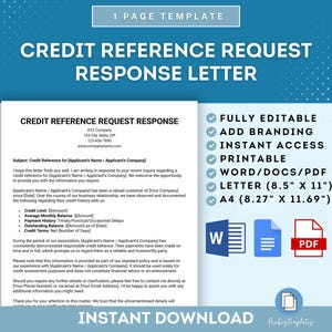 Peut inclure: Modèle de lettre de demande de référence de crédit imprimable. Le document comprend des sections pour la limite de crédit, le solde mensuel moyen et le solde impayé. Le modèle est entièrement modifiable, permet la personnalisation et est disponible en téléchargement instantané.