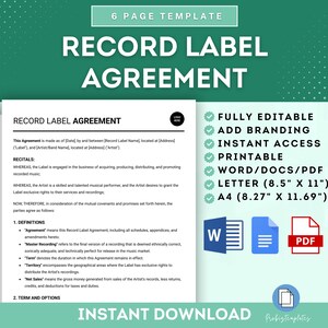 Record Label Agreement, Music Artist Record Label Agreement, Record Contract Agreement, Artist Recording Contract, Music Label Contract
