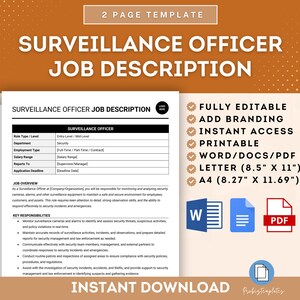 Op de afbeelding: Een afdrukbare functieomschrijvingssjabloon voor een surveillance-officier. De sjabloon is volledig bewerkbaar en bevat een functieoverzicht, belangrijke verantwoordelijkheden en een sectie voor het toevoegen van branding. Het document is beschikbaar in Word, PDF en Letter (8,5" x 11") en A4 (8,27" x 11,69") formaten.