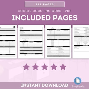 May include: A black and white printable event planner template with the title "EVENT PLANNER" at the top. The template includes pages for event details, guest list, budget, and timeline. The text "ALL PAGES" is at the top of the image, and the text "GOOGLE DOCS | MS WORD | PDF" is below it. The text "INCLUDED PAGES" is in large, bold letters below that. The text "INSTANT DOWNLOAD" is at the bottom of the image, and the text "Probigtemplates" is below that.