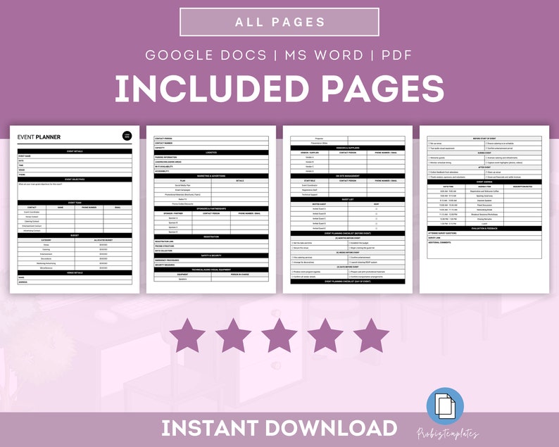 May include: A black and white printable event planner template with the title "EVENT PLANNER" at the top. The template includes pages for event details, guest list, budget, and timeline. The text "ALL PAGES" is at the top of the image, and the text "GOOGLE DOCS | MS WORD | PDF" is below it. The text "INCLUDED PAGES" is in large, bold letters below that. The text "INSTANT DOWNLOAD" is at the bottom of the image, and the text "Probigtemplates" is below that.