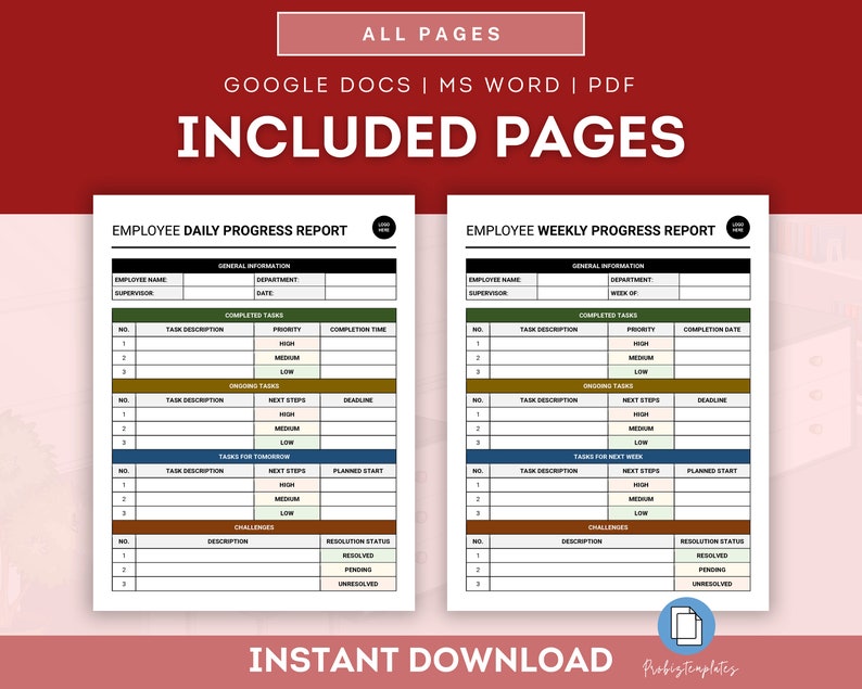 Employee Daily & Weekly Progress Report Template, Employee Daily and ...