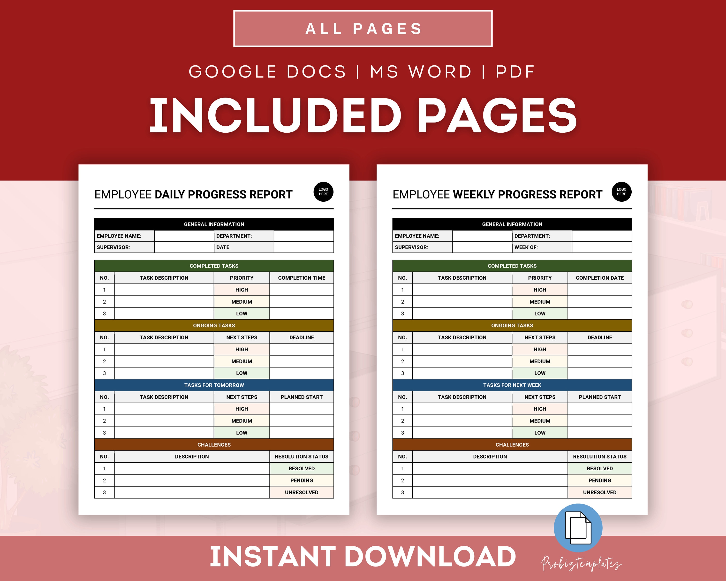 Employee Daily & Weekly Progress Report Template, Employee Daily and ...