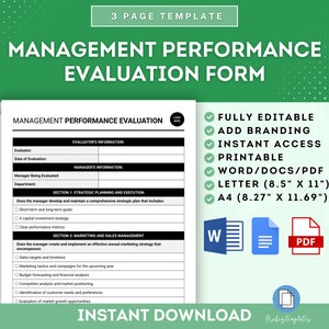 Puede incluir: Una plantilla de formulario de evaluación de desempeño de gestión imprimible en un esquema de color verde, blanco y negro. El formulario incluye secciones para información del evaluador, información del gerente, planificación estratégica y ejecución, y gestión de marketing y ventas. El texto "FULLY EDITABLE", "ADD BRANDING", "INSTANT ACCESS", "PRINTABLE", "WORD/DOCS/PDF", "LETTER (8.5" X 11")" y "A4 (8.27" X 11.69")" se muestra en casillas de verificación verdes. El texto "INSTANT DOWNLOAD" se muestra en blanco sobre un fondo negro.