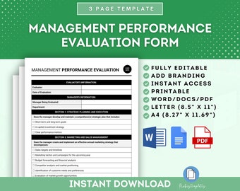 May include: A printable management performance evaluation form template in a green, white, and black color scheme. The form includes sections for evaluator information, manager information, strategic planning and execution, and marketing and sales management. The text "FULLY EDITABLE", "ADD BRANDING", "INSTANT ACCESS", "PRINTABLE", "WORD/DOCS/PDF", "LETTER (8.5" X 11")", and "A4 (8.27" X 11.69")" is displayed in green checkboxes. The text "INSTANT DOWNLOAD" is displayed in white on a black background.