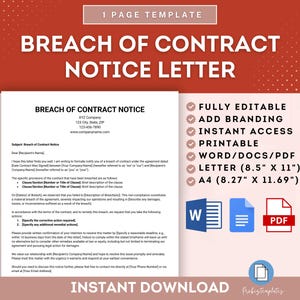 Breach Of Contract Notice Letter Template, Contract Breach Notification, Breach of Agreement Notice, Contract Violation Notice Template