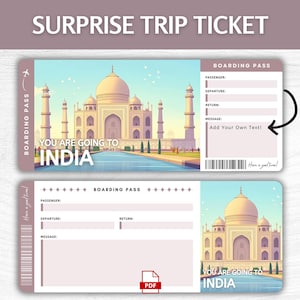 Billet cadeau surprise Inde imprimable, carte d'embarquement pour les vacances à New Delhi modifiable, pass escapade imprimable à Mumbai, billet cadeau voyage Taj Mahal