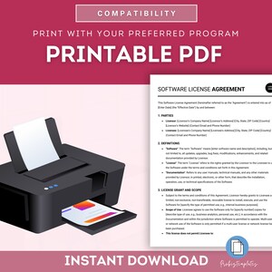 Peut inclure: Un document PDF imprimable contenant un contrat de licence de logiciel. Le document comprend des sections pour les parties, les d&eacute;finitions, l'octroi de licence et la port&eacute;e, et plus encore. Le document est compatible avec divers programmes d'impression.