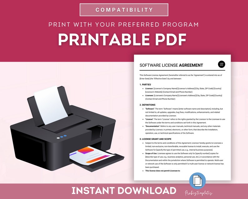 Peut inclure: Un document PDF imprimable contenant un contrat de licence de logiciel. Le document comprend des sections pour les parties, les d&eacute;finitions, l'octroi de licence et la port&eacute;e, et plus encore. Le document est compatible avec divers programmes d'impression.