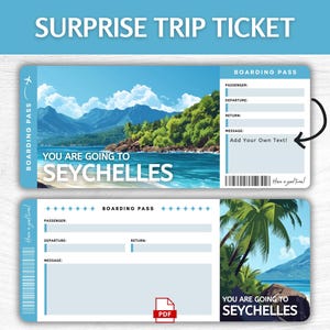 Printable Seychelles Surprise Gift Ticket, Editable Island Vacation Boarding Pass, Printable Seychelles Getaway Pass, Tropical Trip Gift