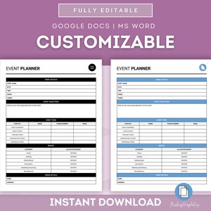 May include: A black and white event planner template with the text "EVENT PLANNER" at the top. The template includes sections for event details, event objectives, event team, budget, and venue details.