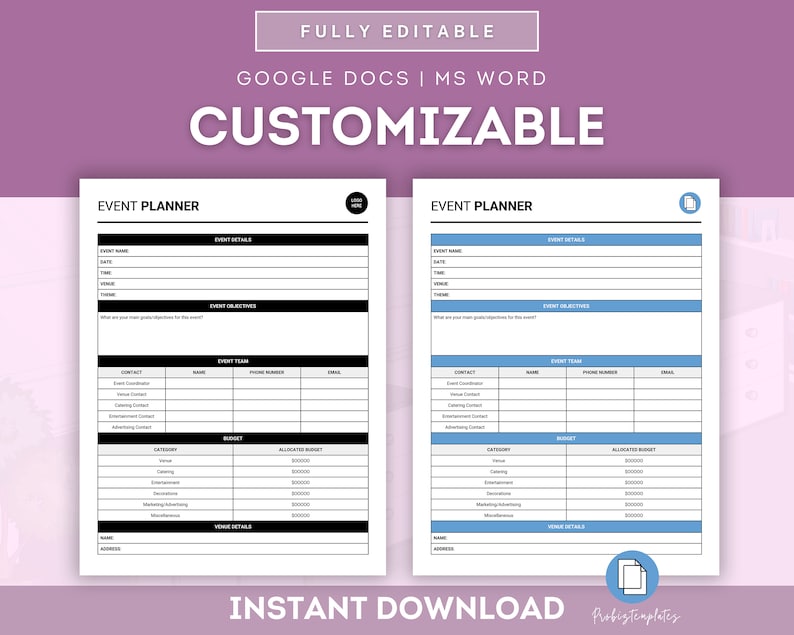 May include: A black and white event planner template with the text "EVENT PLANNER" at the top. The template includes sections for event details, event objectives, event team, budget, and venue details.
