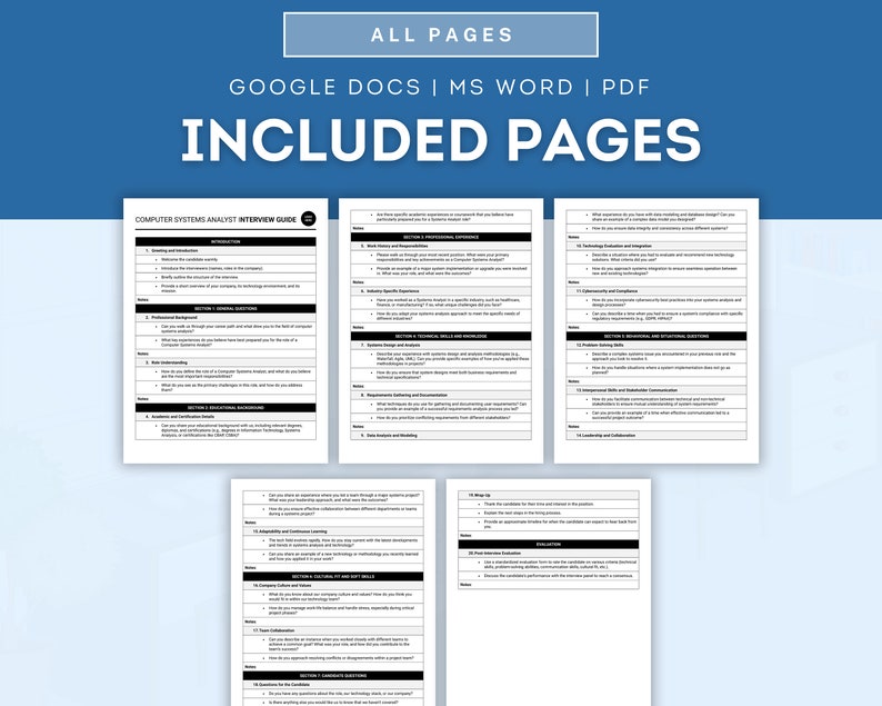 Puede incluir: Una gu&iacute;a en blanco y negro con el t&iacute;tulo "Gu&iacute;a de Entrevista para Analista de Sistemas Inform&aacute;ticos" y una lista de preguntas de entrevista para diferentes secciones, que incluyen "Introducci&oacute;n", "Antecedentes profesionales", "Formaci&oacute;n", "Habilidades t&eacute;cnicas e integraci&oacute;n", "Resoluci&oacute;n de problemas y preguntas conductuales y situacionales", "Ajuste cultural y habilidades blandas", "Preguntas para la evaluaci&oacute;n".