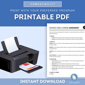 Puede incluir: Un documento PDF imprimible con el t&iacute;tulo "Source Code License Agreement". El documento es un acuerdo legal entre un licenciante y un licenciatario para el uso del c&oacute;digo fuente del software. El documento incluye secciones para las partes, los recitals, las definiciones y una concesi&oacute;n de licencia.