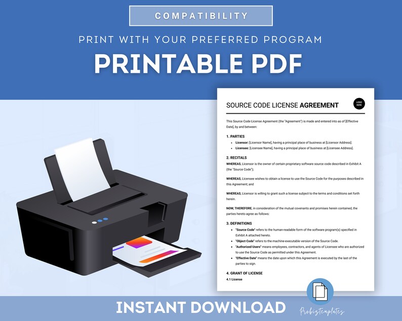 Puede incluir: Un documento PDF imprimible con el t&iacute;tulo "Source Code License Agreement". El documento es un acuerdo legal entre un licenciante y un licenciatario para el uso del c&oacute;digo fuente del software. El documento incluye secciones para las partes, los recitals, las definiciones y una concesi&oacute;n de licencia.