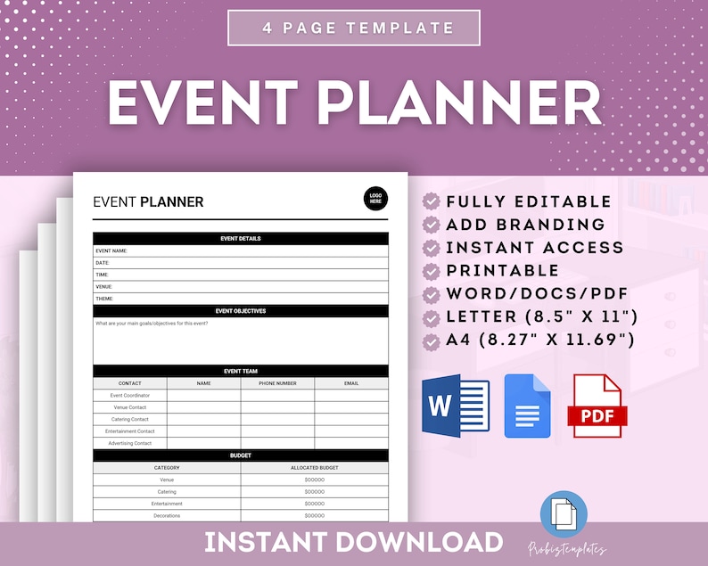 May include: A black and white printable event planner template with the text "EVENT PLANNER" in large bold letters. The template is fully editable and includes sections for event details, objectives, team, and budget. The template is available in Word, PDF, and Letter size.