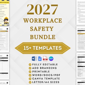 Könnte beinhalten: Ein 2027 Arbeitssicherheits-Paket mit über 15 Vorlagen, darunter ein Plakat für Sicherheitsregeln, eine Brandschutzrichtlinie, eine OSHA-Inspektionscheckliste, eine Sicherheitsorientierungs-Checkliste und ein Arbeitsunfallbericht.