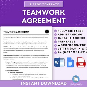 May include: A purple and white digital download template for a teamwork agreement. The template is fully editable, printable, and available in Word, PDF, Letter, and A4 sizes. The text on the template reads "Teamwork Agreement".